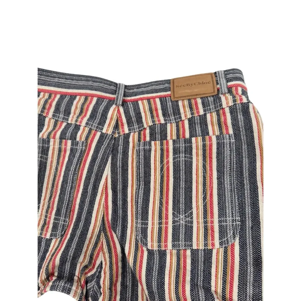See By Chloe Jacquard Stripe Cotton Denim Shorts EU 40 Boho Retro Festival Indie - Picture 10 of 16